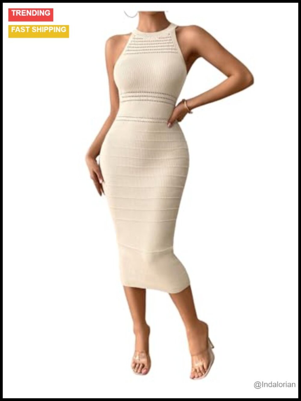 Women's Knit Halter Midi Dress Bodycon Backless Sleeveless Wedding Guest